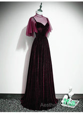 Wine Red Velvet A-Line Long High Neckline Party Dresses, Wine Red Long Bridesmaid Dresses